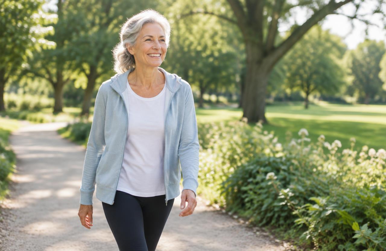 Mujer sonriente caminando al aire libre en un parque